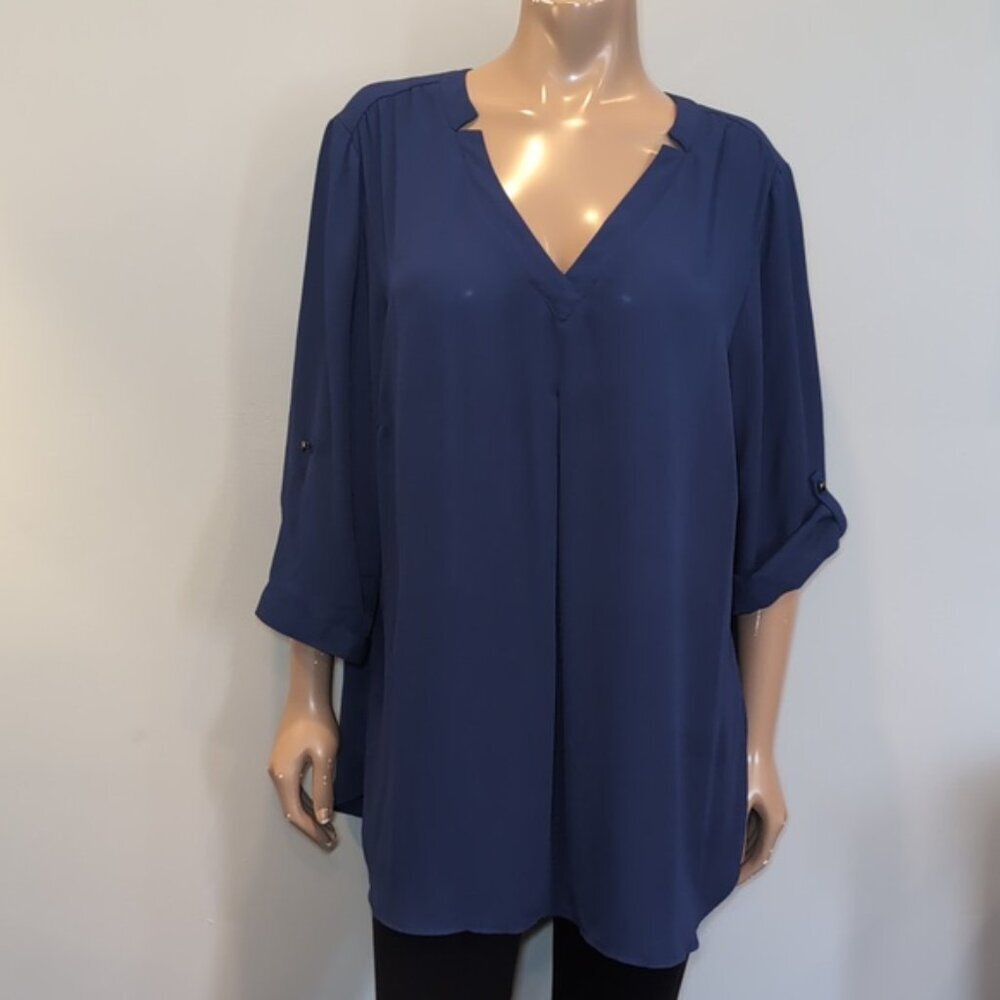 Reitmans Vneck Flowy Blouse Boyfriend Shirt Roll Tab Pleated Notched Tunic Top - Picture 12 of 12